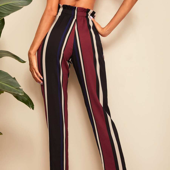 Striped Drawstring Cropped Pants Work Casual Belt - Picture 4 of 6